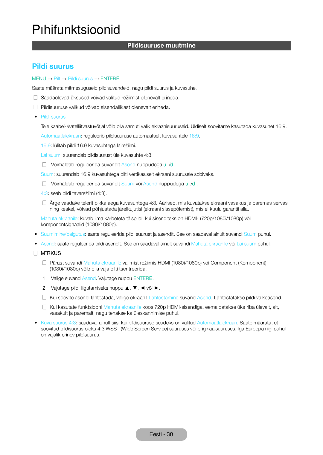 Samsung LT24D310EW/EN, LT28D310EW/EN manual Pildisuuruse muutmine , Menu → Pilt → Pildi suurus → Entere 